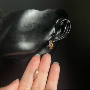 Sterling Silver Cluster lavander  Emerald Cut Gold Tone Cz Huggie Earrings 9mm